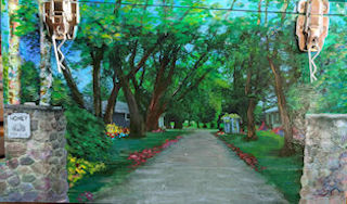 Painting of the farm gate entrance my Mari Nicolson Painting of farm gate entrance my Mari Nicolson